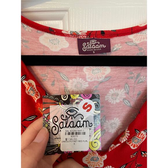 NWT Salaam Small Floral Dress Made in USA Pockets Red 3/4 Sleeve Stretch Summer - Picture 4 of 10